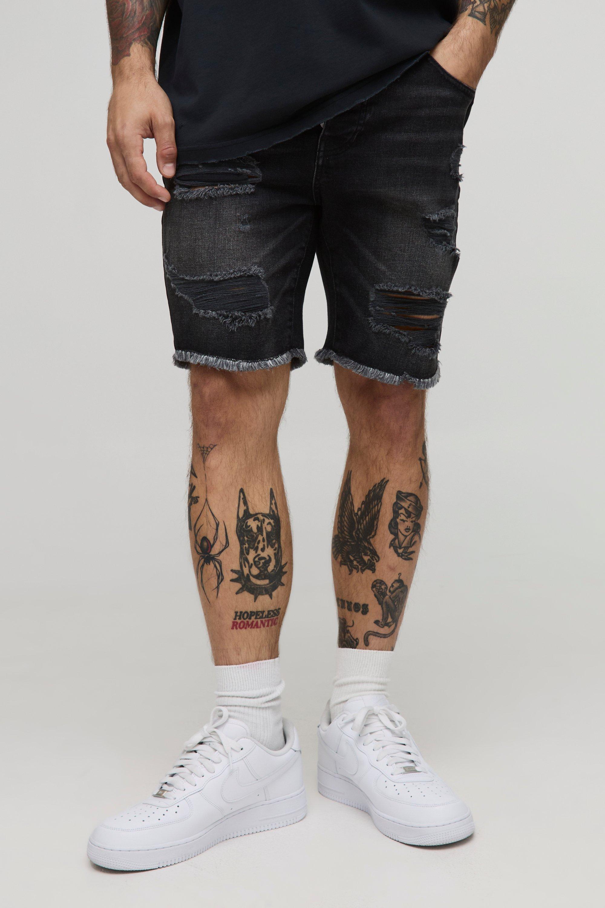 Skinny Fit Ripped Washed Black Denim Shorts